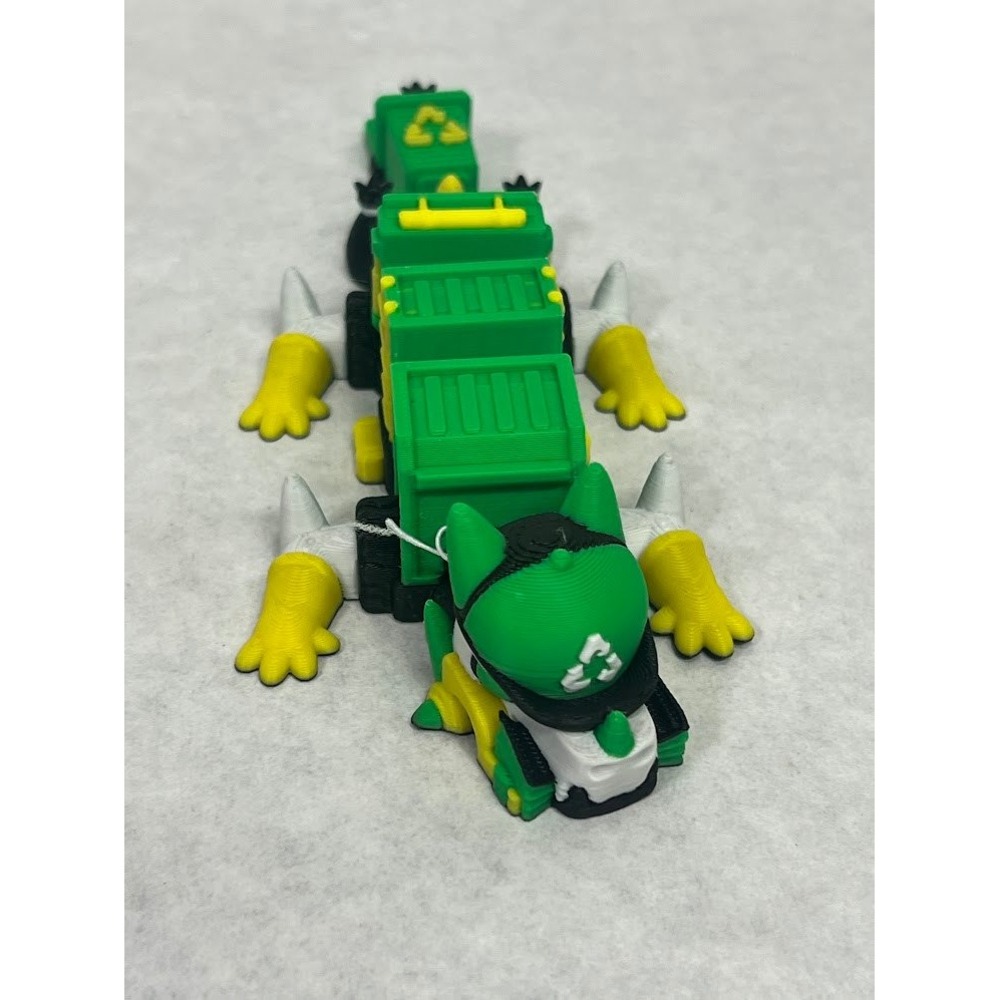 3D Printed Articulated Recycling Truck Dragon Fidget Toy Green Yellow 7.5 Inch